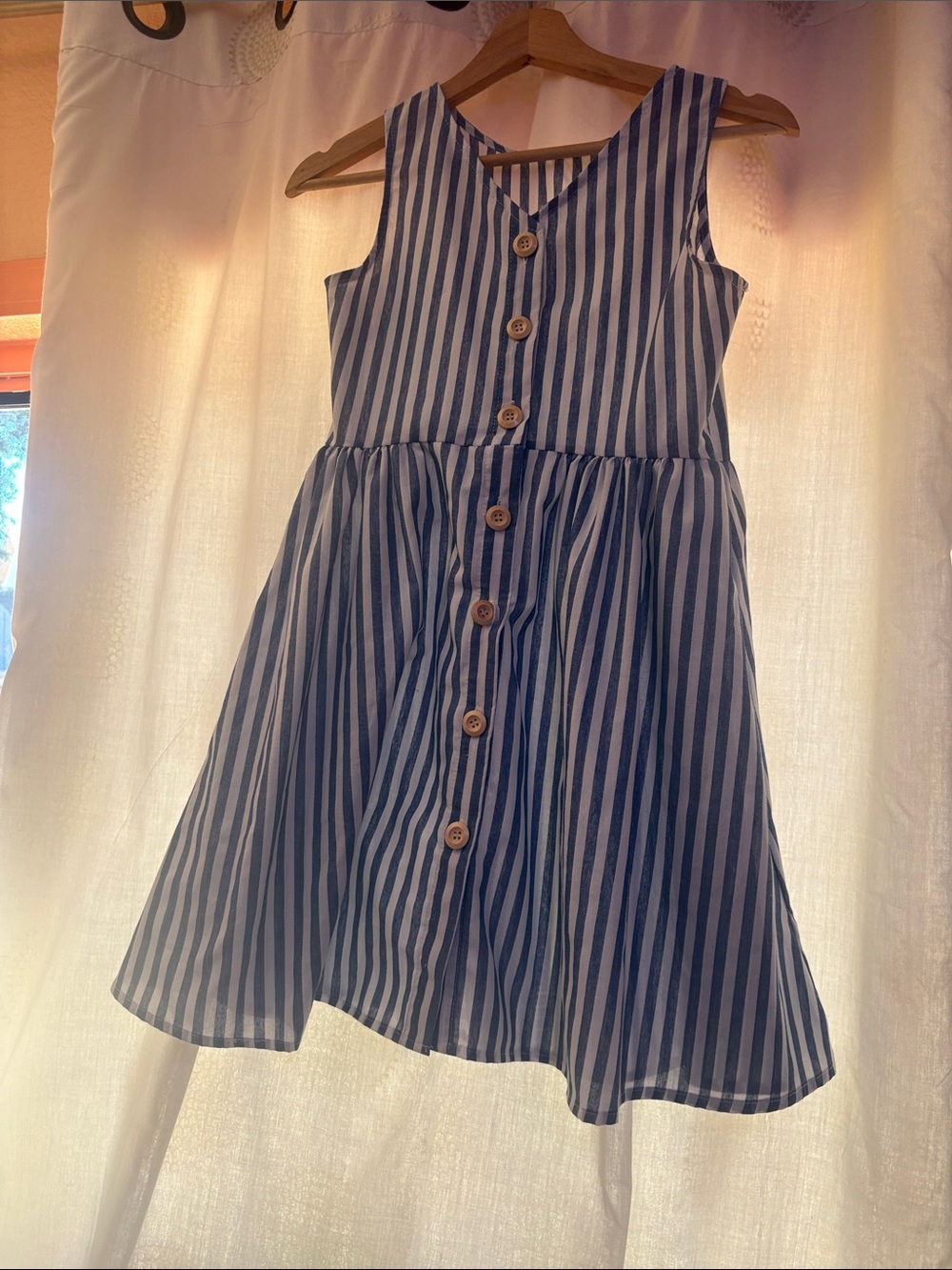 Striped Blue and White Button-Front Girls' Summer Dress